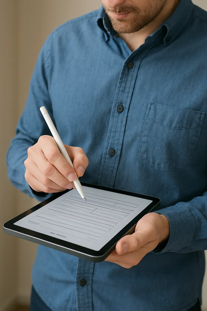 Person füllt auf einem Tablet ein kurzes Formular aus