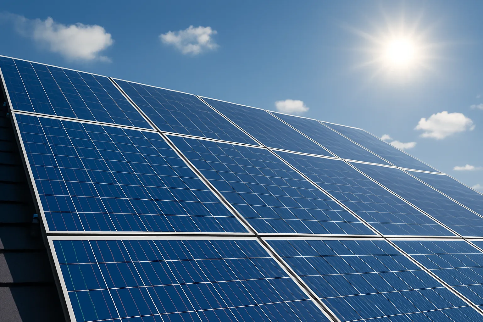 Photovoltaikanlage auf einem Hausdach vor blauem Himmel