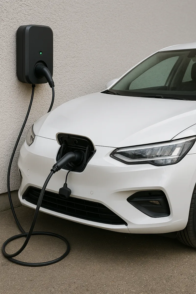 Weißes Elektroauto lädt an einer Wallbox