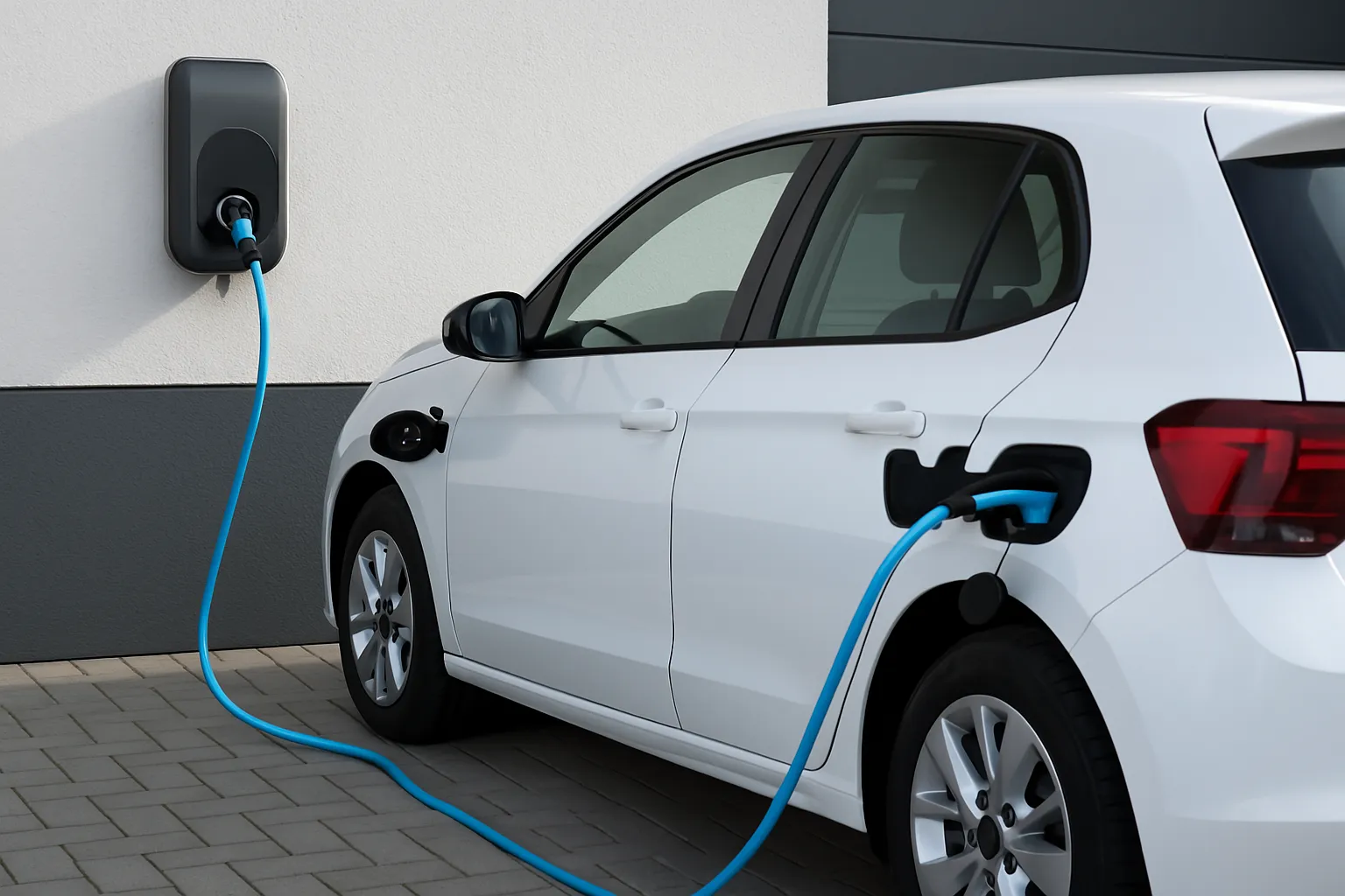 Ladepunkt an einer Hauswand, an dem ein Elektroauto lädt