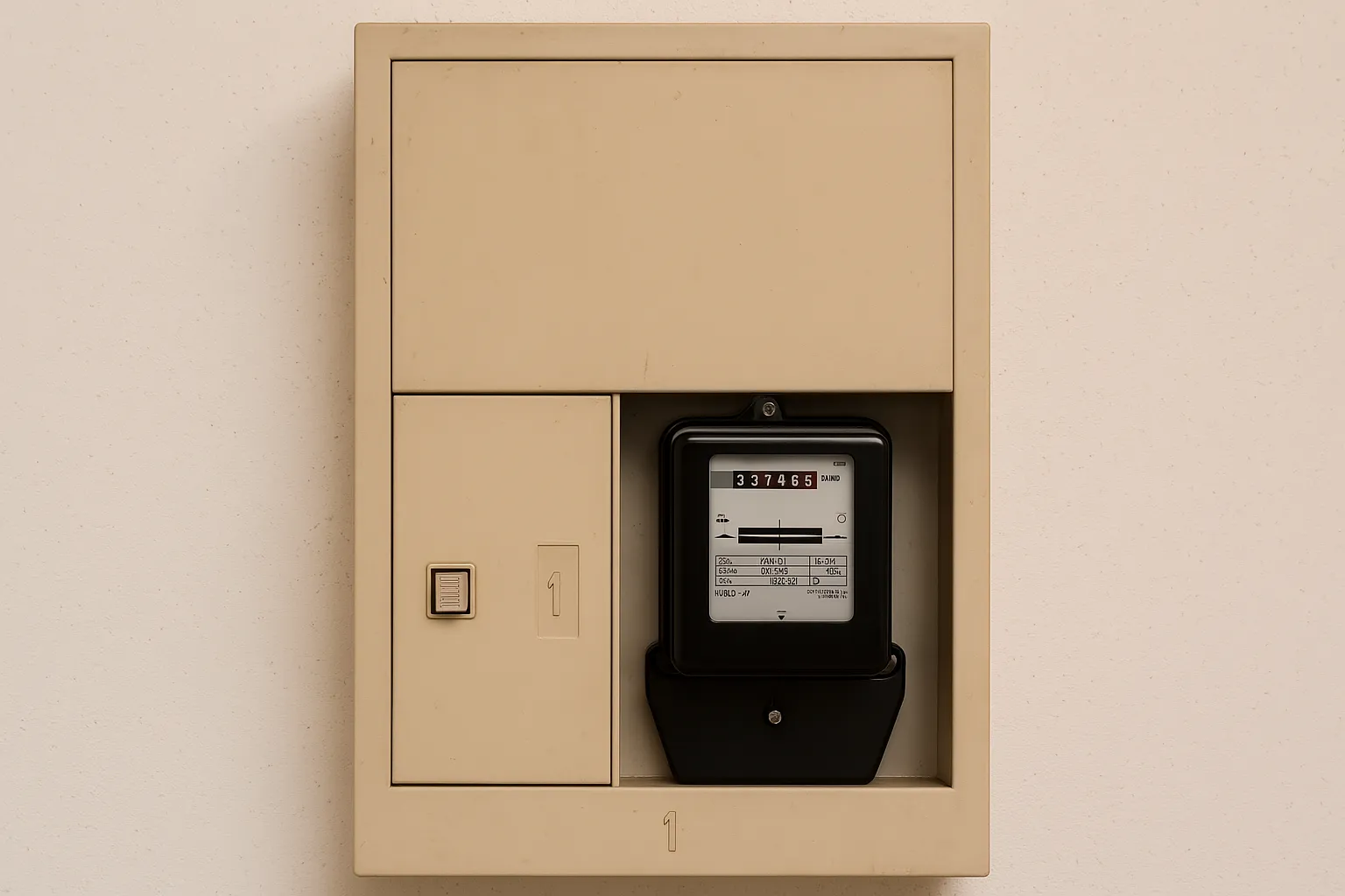 Geöffneter Zählerschrank mit Sicherungen und Zählerplatz